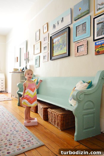 House Crashing: Casual Farmhouse Life and Cozy Renovations 3 Foyer With Frame Collage Wall and Colorful Teal Church Pew Bench