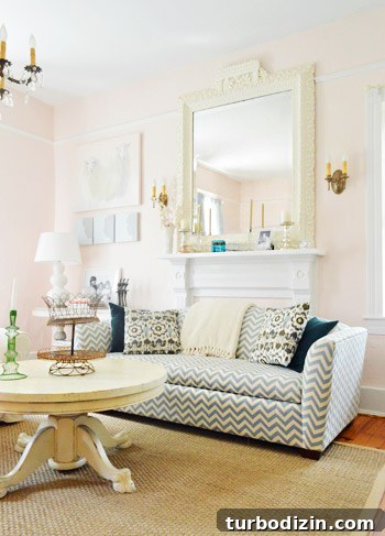 House Crashing: Casual Farmhouse Life and Cozy Renovations 7 Chevron Print Couch IN Front Of Vintage Fireplace With Oversized Mirror