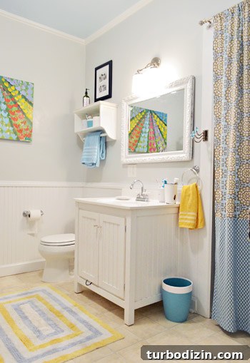 House Crashing: Casual Farmhouse Life and Cozy Renovations 9 Blue and Yellow Bathroom With Vanity