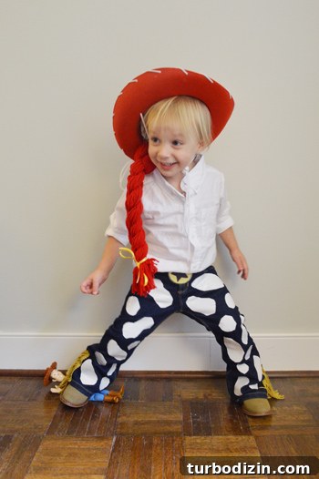 DIY Jesse and Slinky Dog Toy Story Costumes for Kids 10 Clara sliding in boots