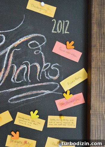 Create a Thanksgiving Gratitude Chalkboard for Your Home 6 DIY leaning chalkboard with Thanksgiving message and gratitude notes held with magnets