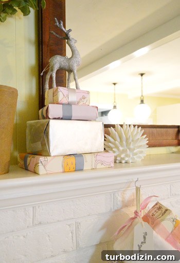 Two glittered stag ornaments on mantel