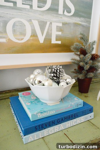 Bowl of ornaments on silvery-blue books