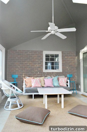 How to Paint Very High Vaulted Ceilings Safely and Efficiently 20 Photoshop mockup of gray-washed brick
