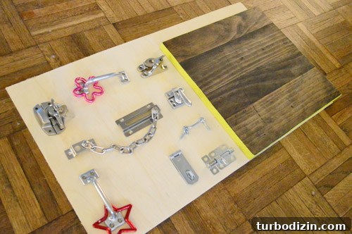 DIY Kids Busy Board with Latches: Interactive Montessori Toy 9 Hardware attached