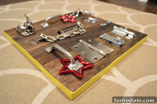 DIY Kids Busy Board with Latches: Interactive Montessori Toy 10 Child playing with latch board