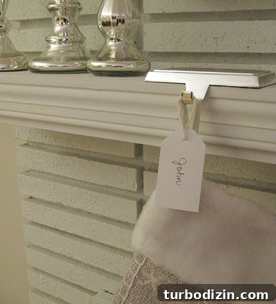 Silver stocking hooks and name tags