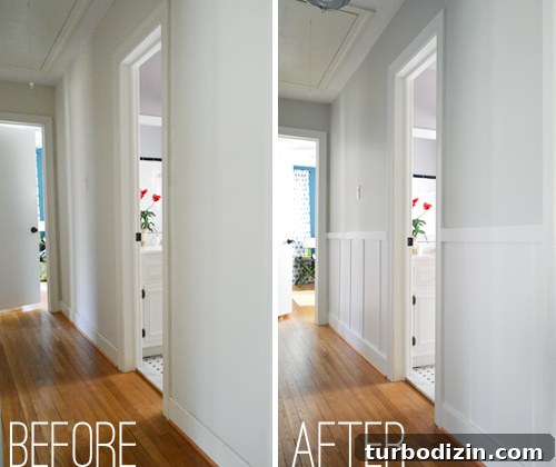 Board and Batten Wall Paneling for Under $60 3 before and after of a plain hallway that was dressed up with do it yourself board and batten trim