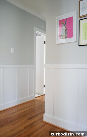 Board and Batten Wall Paneling for Under $60 19 hallway with architectural interest including board and batten molding and outside corner edge