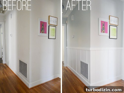 Board and Batten Wall Paneling for Under $60 4 side by side comparison of a hallway that was updated with easy and affordable DIY board & batten