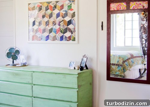 Quaint Vine-Covered Cottage House Crashers Tour 11 Thrifted dresser and patchwork art