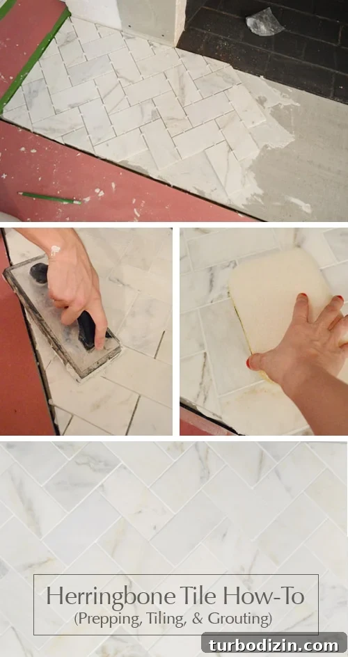 Tile a Marble Herringbone Fireplace: Step-by-Step Guide for Perfect Results 2 herringbone-tiling-tutorial-diy-grouting