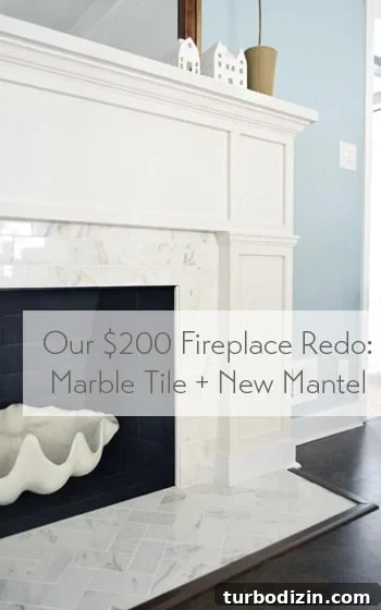 Marble Fireplace Renovation: How We Transformed Ours for $200 2 our-cheap-fireplace-redo-new-mantel-marble-tile
