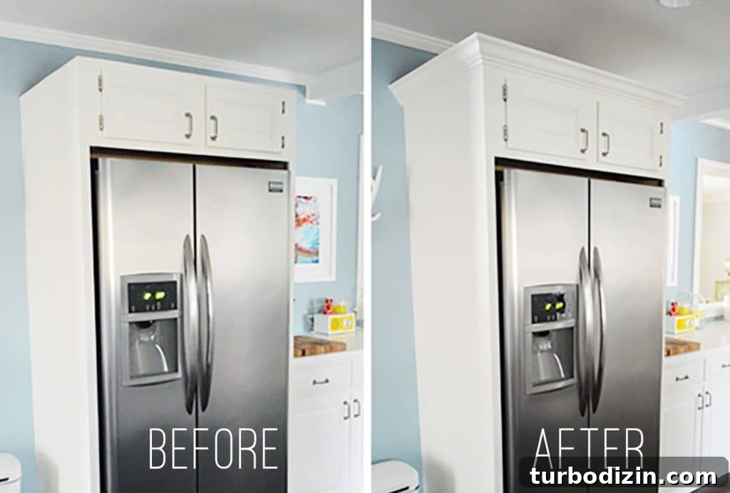 Add Crown Molding to Cabinets: Step-by-Step Guide for a Polished Finish 12 Side-by-side before & after of white refrigerator cabinets during crown molding installation