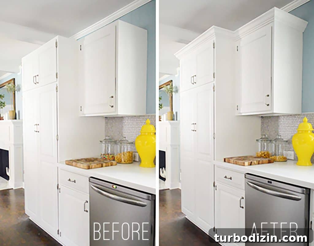 Add Crown Molding to Cabinets: Step-by-Step Guide for a Polished Finish 13 Side-by-side before & after of white kitchen cabinets during crown molding installation