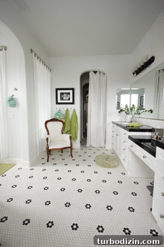 House Crashing: Calm, Clever Strategies for Safer Living 9 Bathroom With Black and White Hex Tile Floor and Vintage Armchair