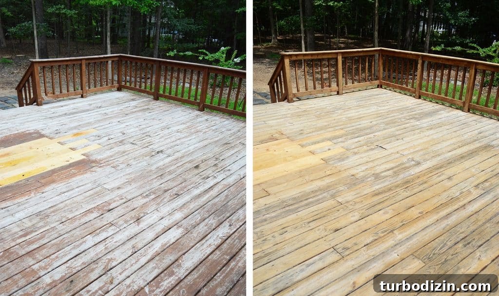 Side by Side of old wood deck before and after stain was stripped 