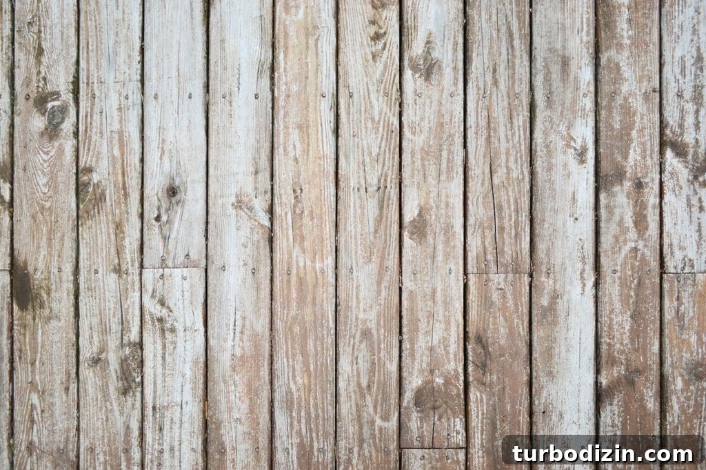 Worn wood deck with splotchy stain finish