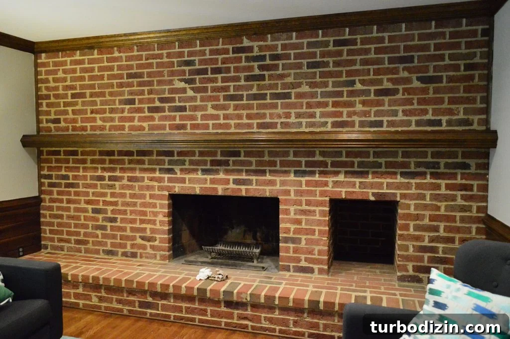 Whitewashing a Brick Fireplace: Step-by-Step Guide for a Fresh Look 5 dark living room brick wall with a fireplace from 1980s home