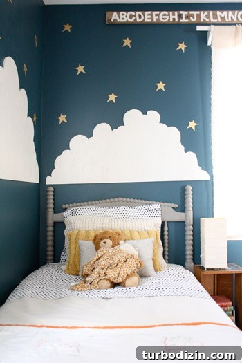 Blue Nursery for a Boy with Clouds and Stars Decor 3 Deep blue walls in child's room
