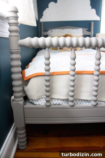 Blue Nursery for a Boy with Clouds and Stars Decor 4 Refinished Jenny Lind style bed