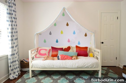 Painting a Pink Closet Door and Raindrop Wall Accent Ideas 6 Photoshop mock up of Potential Mural Of Raindrops Under Fabric Canopy Over Bed