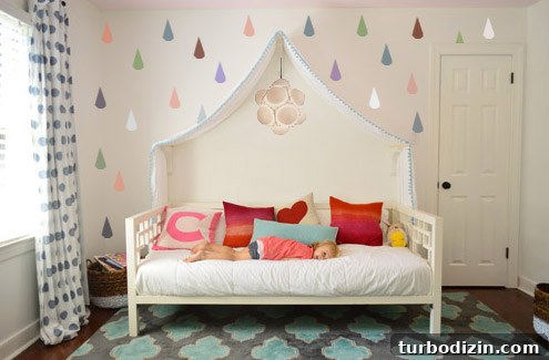 Painting a Pink Closet Door and Raindrop Wall Accent Ideas 7 Photoshop mock up of Colorful Raindrop Mural Painted Around Fabric Canopy