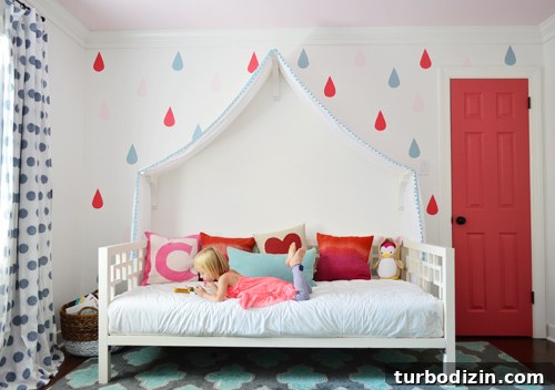 Little Girls Room With Colorful Raindrop Walls with Simply White Background