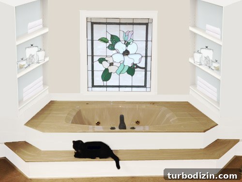 Design mockup with white bookcases flanking tub