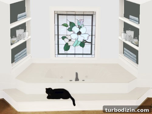 Design mockup with darker bookcase backs and painted tub surround