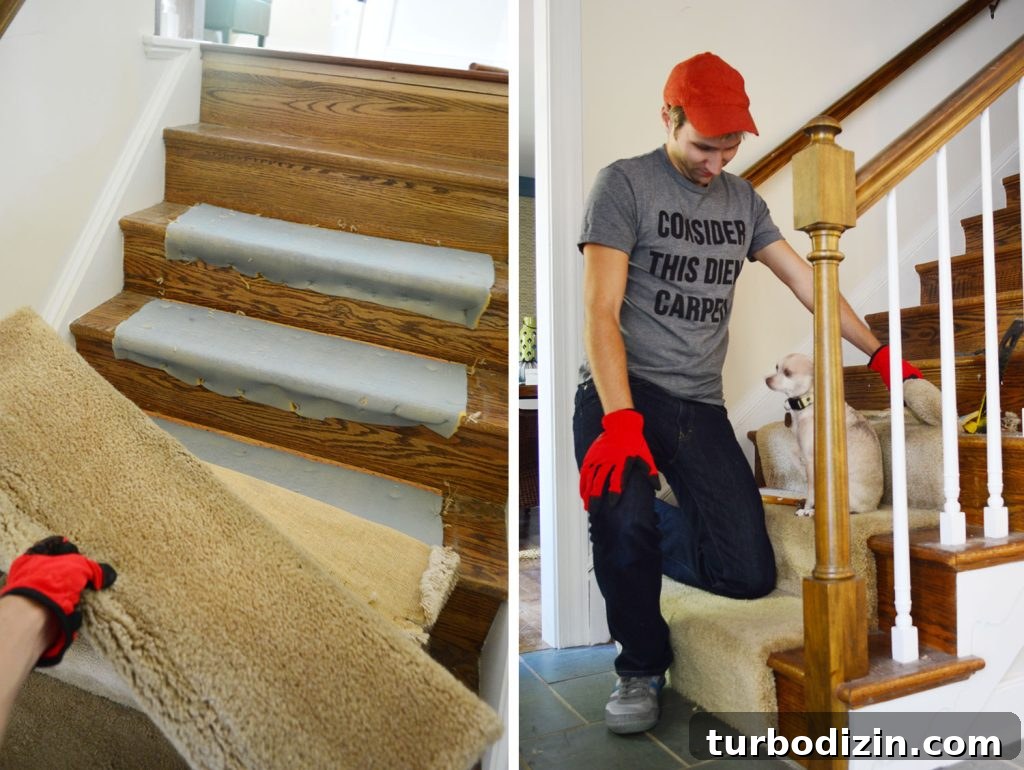 Side By Side Of Process Of Removing Old Carpet From Stairs