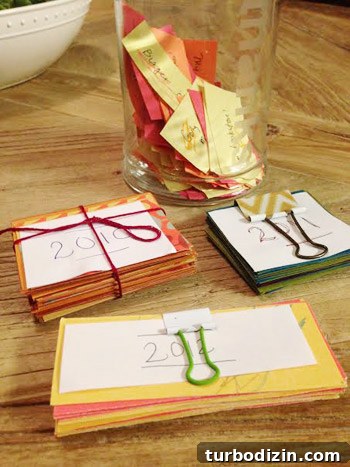 DIY Gratitude Jar: Simple Family Project to Share Thanks 6 Gratitude notes for Thanksgiving saved in binder clips over multiple years