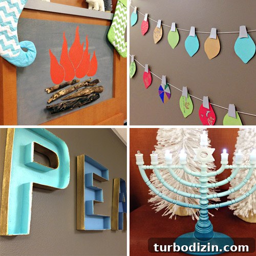 4 DIY Holiday Crafts to Transform Your Home This Season 2 Grid of 4 DIY Holiday projects for Children's Hospital | Faux Fireplace | Paper Bulb Garland | Cardboard Letters | Gradient Menorah