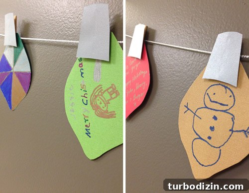 4 DIY Holiday Crafts to Transform Your Home This Season 13 Close up of paper Christmas light bulb garland with kid artwork on paper bulbs for Childrens Hospital of Richmond