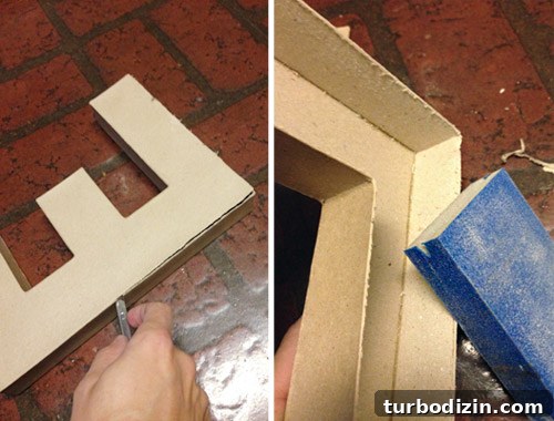 4 DIY Holiday Crafts to Transform Your Home This Season 15 Cutitng cardboard letter with craft knife and sanding edge smooth