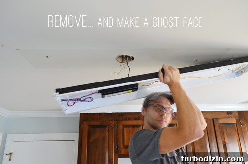 Old fluorescent light fixture in kitchen fully uninstalled