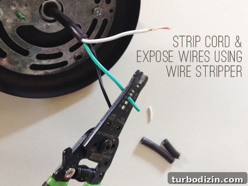 Stripping cord and wires of pendant light fixture with wire stripper tool