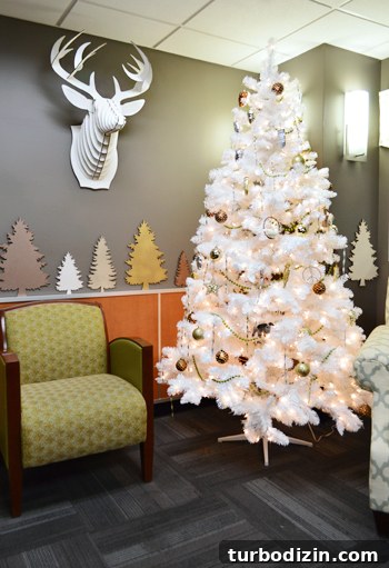 Holiday Makeover at the Children's Hospital: Transforming Care Spaces 5 White Christmas Tree With Gold Ornaments And Cardboard Safari Reindeer Head