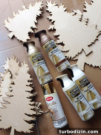 Holiday Makeover at the Children's Hospital: Transforming Care Spaces 8 Wood Christmas Pine Tree Cut Outs Before Painting With Cans Of Spray Paint