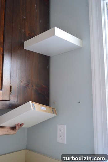 How We Installed Ikea Floating Shelves in Our Kitchen 15 showing how short Ikea LACK floating shelves are attached to kitchen wall