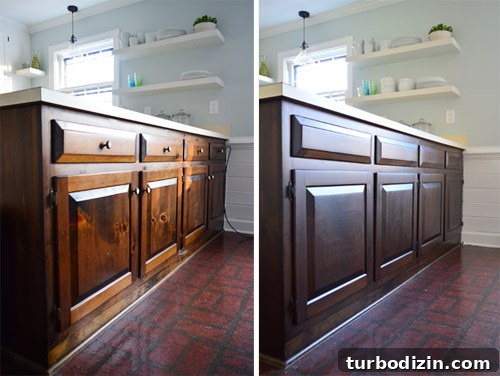 How to Make Wood Cabinets Darker: Step-by-Step Staining Guide 2 Darker stained kitchen cabinets before and after using Minwax Polyshades
