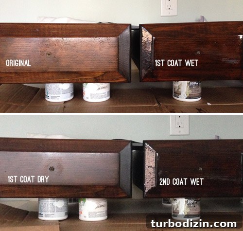 How to Make Wood Cabinets Darker: Step-by-Step Staining Guide 11 Four stages of PolyShades stain on cabinet drawers showing wet and dry coats