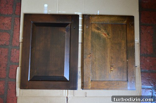 How to Make Wood Cabinets Darker: Step-by-Step Staining Guide 12 Side by side of two coats of Tudor PolyShades stain next to original wood stain