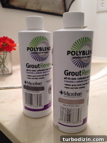 How We Restored Stained Grout to Bright White Again 8 two bottles of Polyblend Grout Renew from Home Depot in Natural Gray and Oyster Gray colors