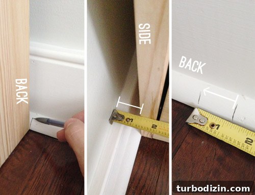 Measuring around an Ikea Fjell to cut basebard