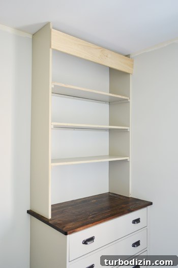 Shelves placed during build of DIY bookshelf