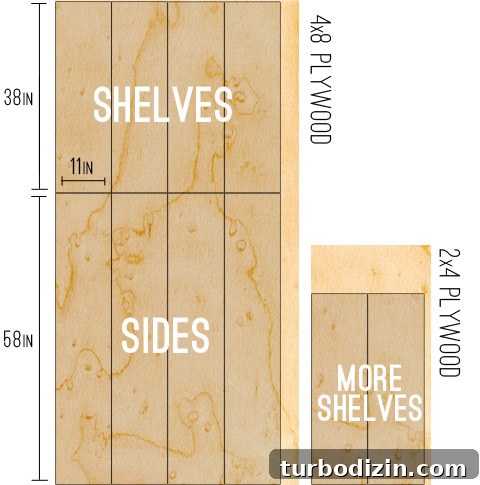 Drawing of plywood cuts to get shelves for bookshelf