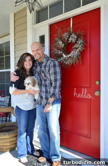 House Crashing: Joyful and Carefree Party Crashers 2 Beck and Brian At Red Front Door With Wreath and Hello Decal
