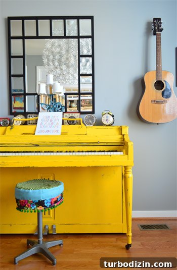 House Crashing: Joyful and Carefree Party Crashers 3 Bright Yellow Painted Piano in Music Room With Guitar On Wall