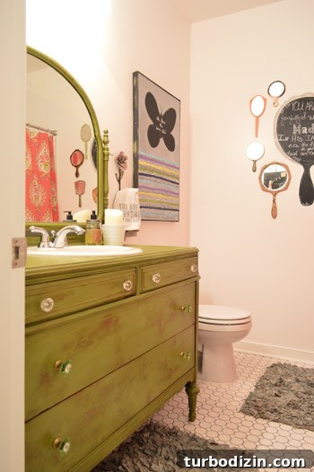 House Crashing: Joyful and Carefree Party Crashers 4 Farmhouse Green Bathroom Vanity With Collage of Mirrors On Wall